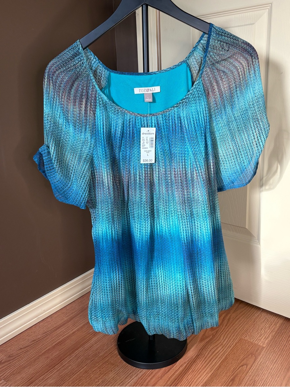dressbarn Blue Ombre Pleated Scoop-Neck Top